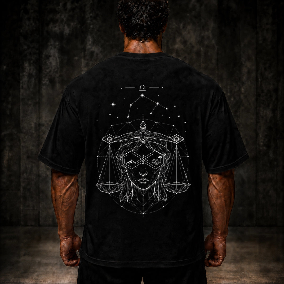 Libra Zodiac Oversized Graphic T-Shirt Unisex Black Tee back View