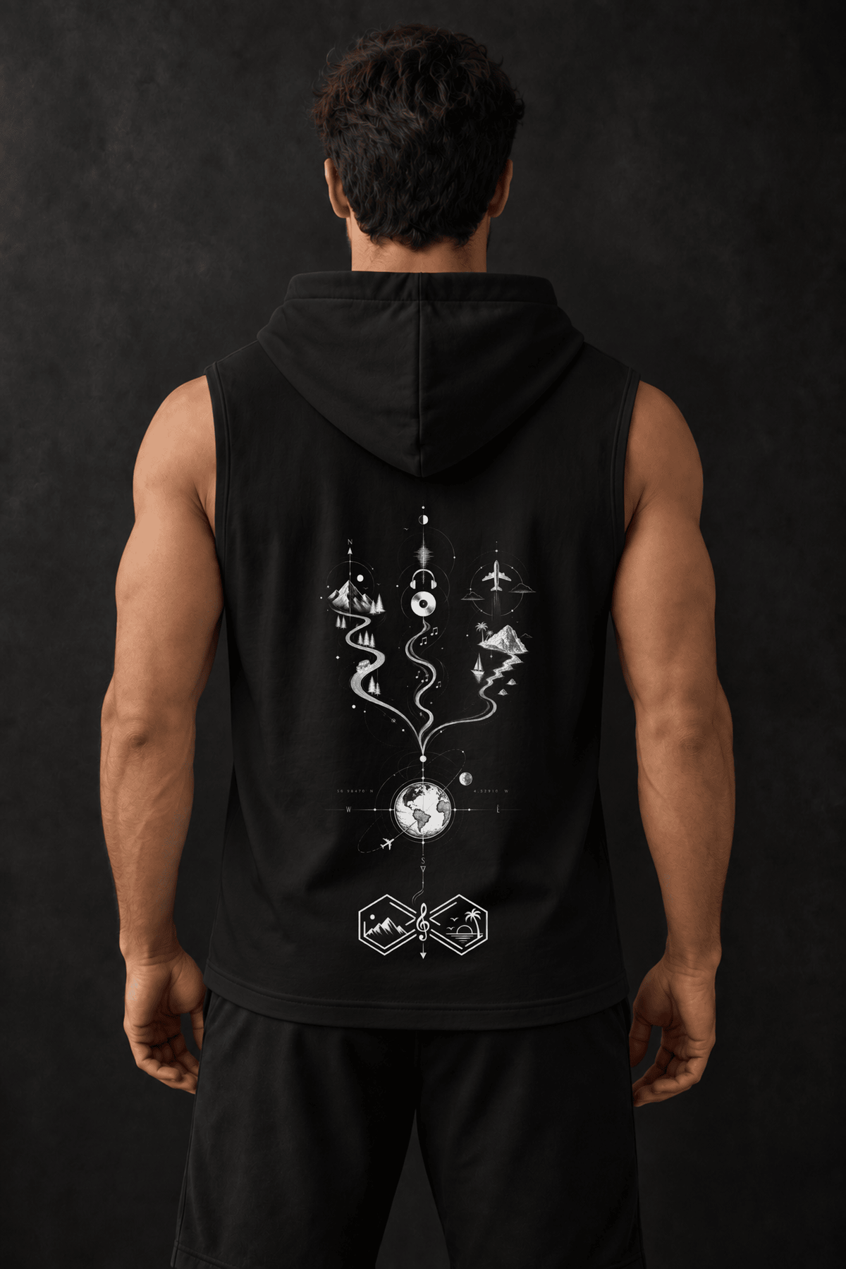 One World Many Paths Travel Adventure Sleeveless Hoodie Black Back View
