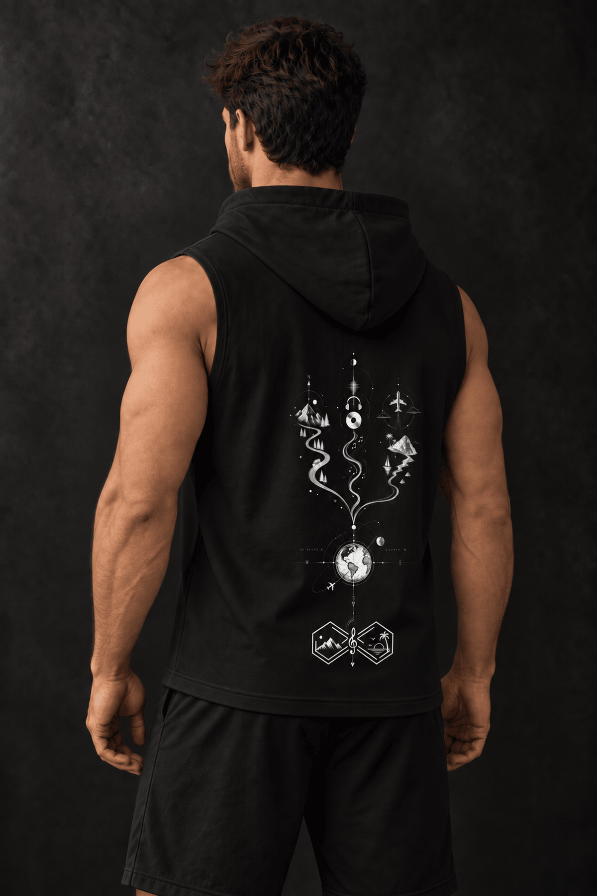 One World Many Paths Travel Adventure Sleeveless Hoodie Black Right View