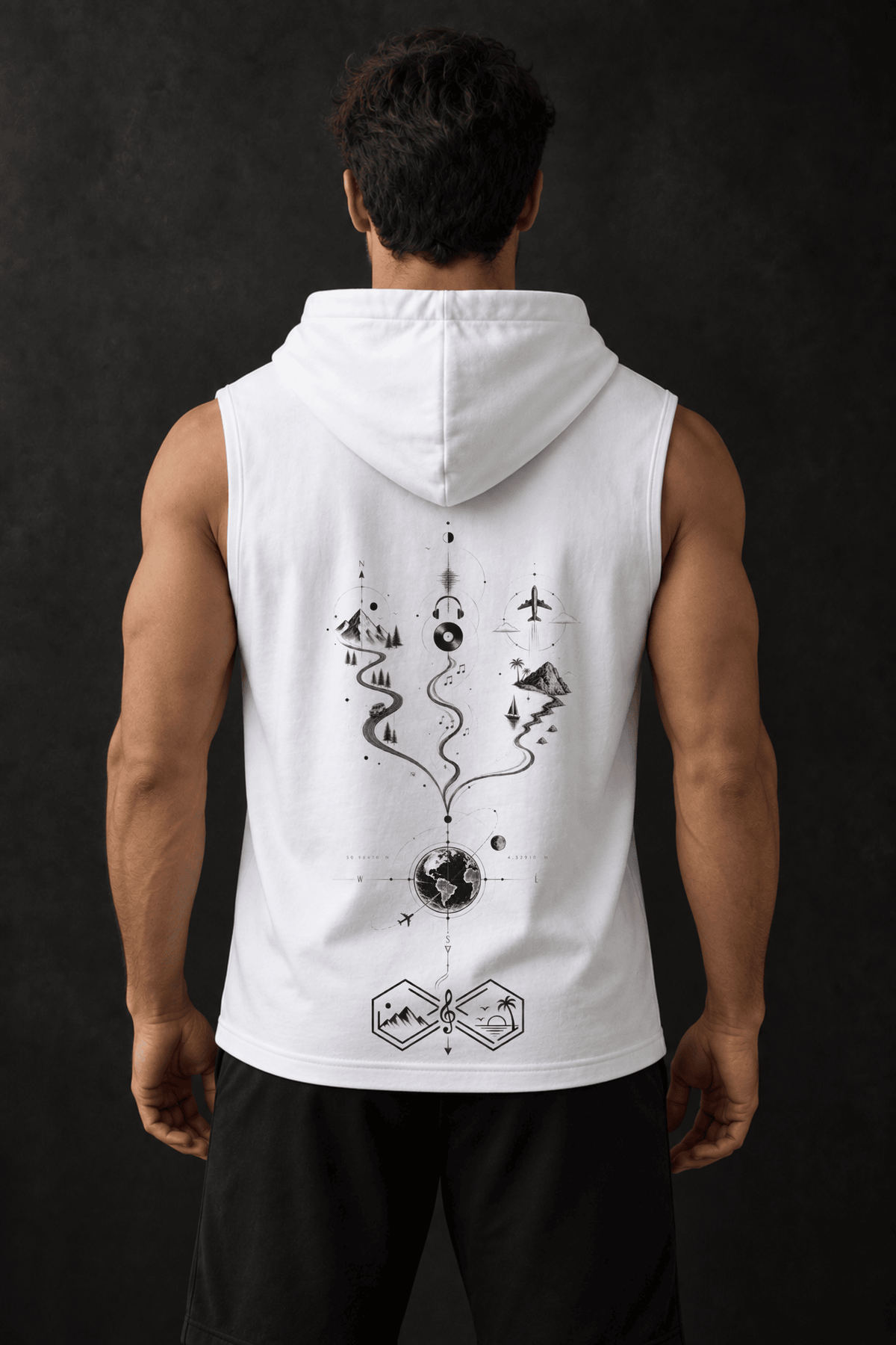 One World Many Paths Travel Adventure Sleeveless Hoodie White Back View
