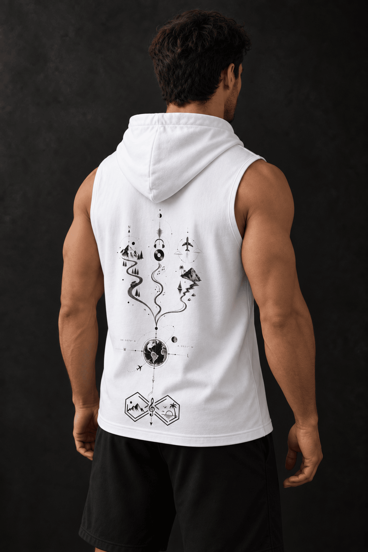 One World Many Paths Travel Adventure Sleeveless Hoodie White Left Back View