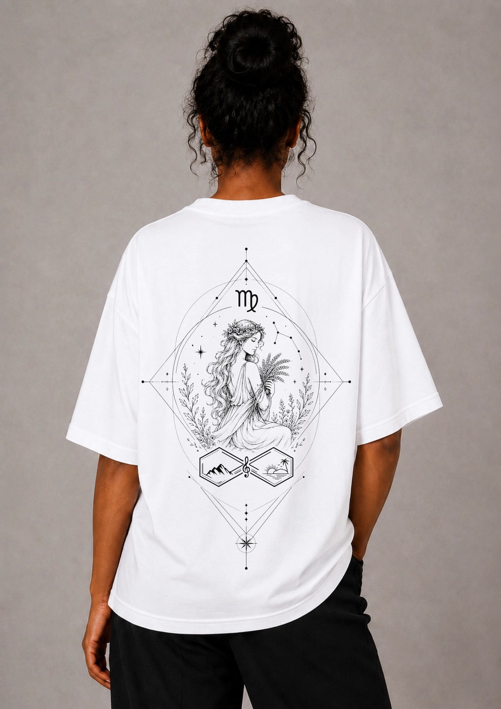 Virgo Zodiac Oversized Graphic T-Shirt-Women White Tee Back view