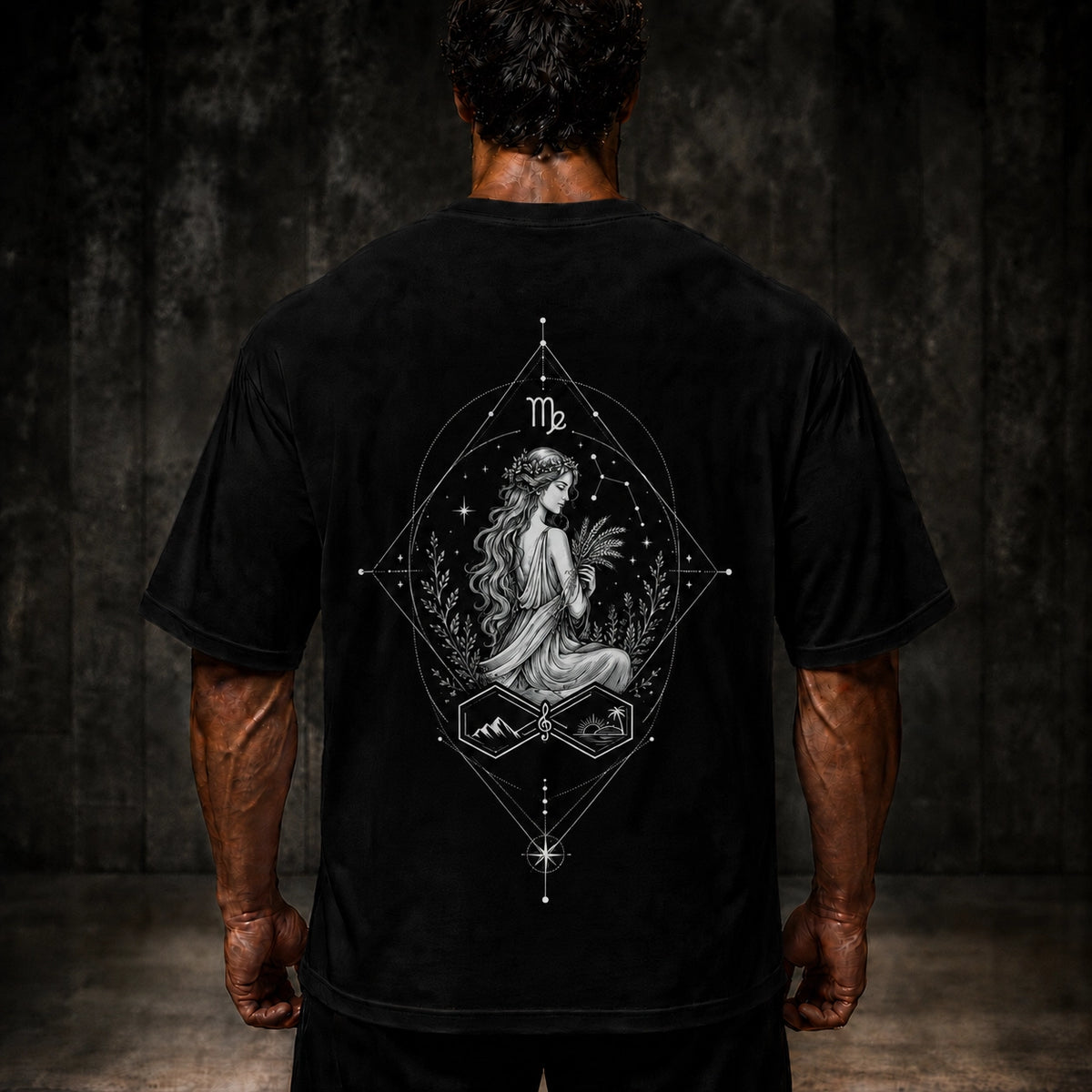 Virgo Zodiac Oversized Graphic T-Shirt Unisex Black Tee Back View