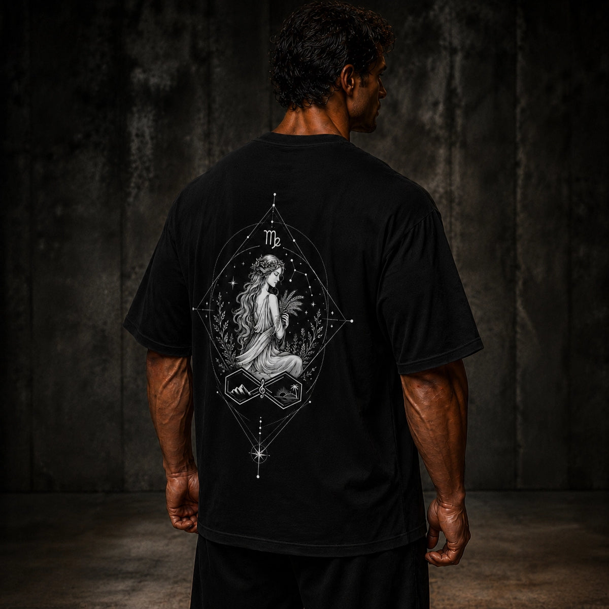 Virgo Zodiac Oversized Graphic T-Shirt Unisex Black Tee Right View