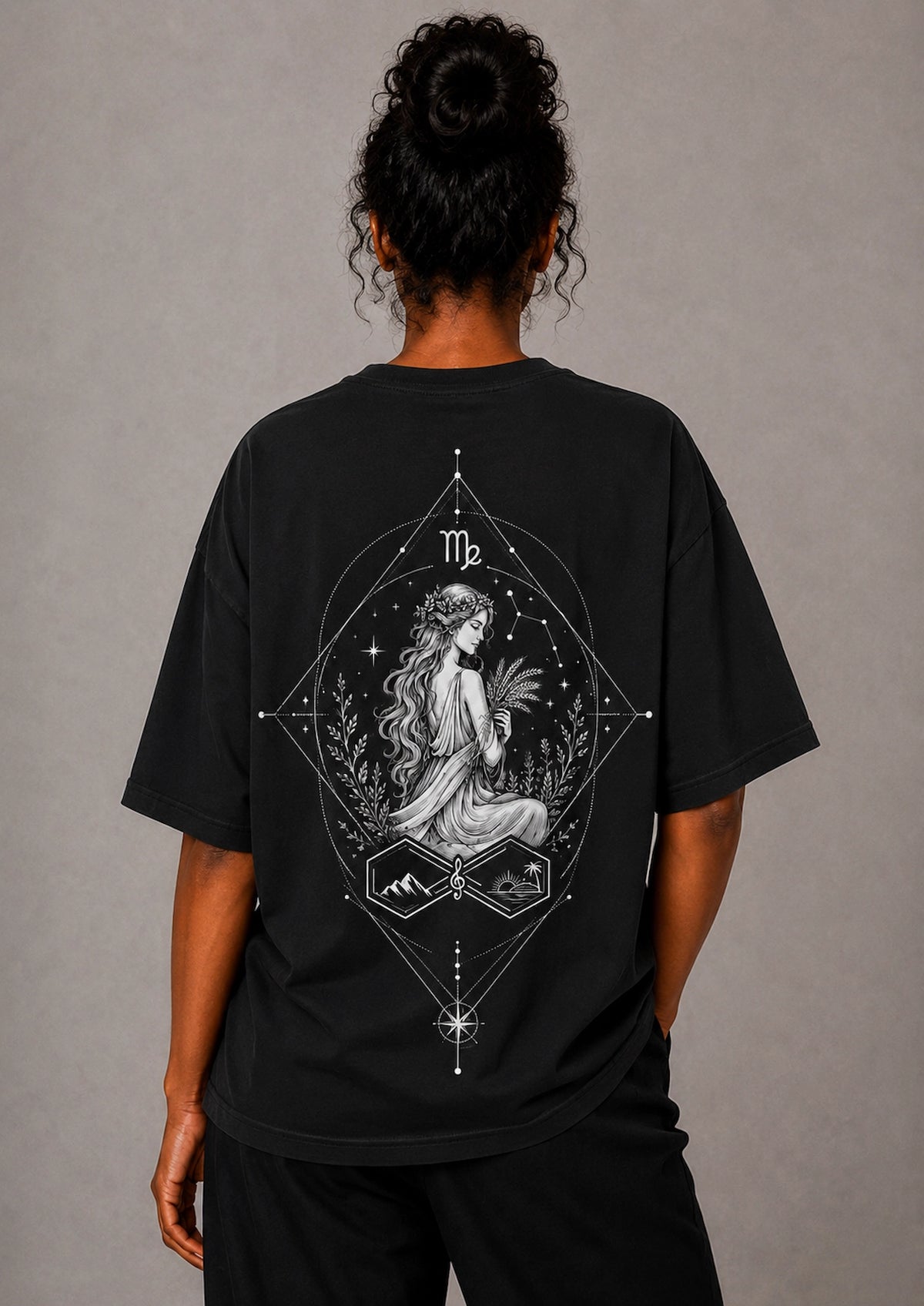 Virgo Zodiac Oversized Graphic T-Shirt Women Black Tee Back view
