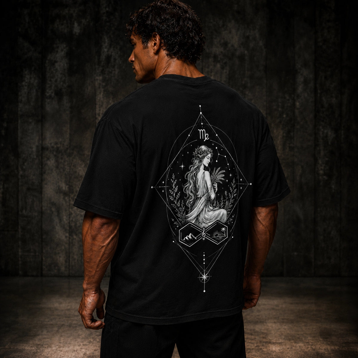 Virgo Zodiac Oversized Graphic T-Shirt Unisex Black Tee Left View