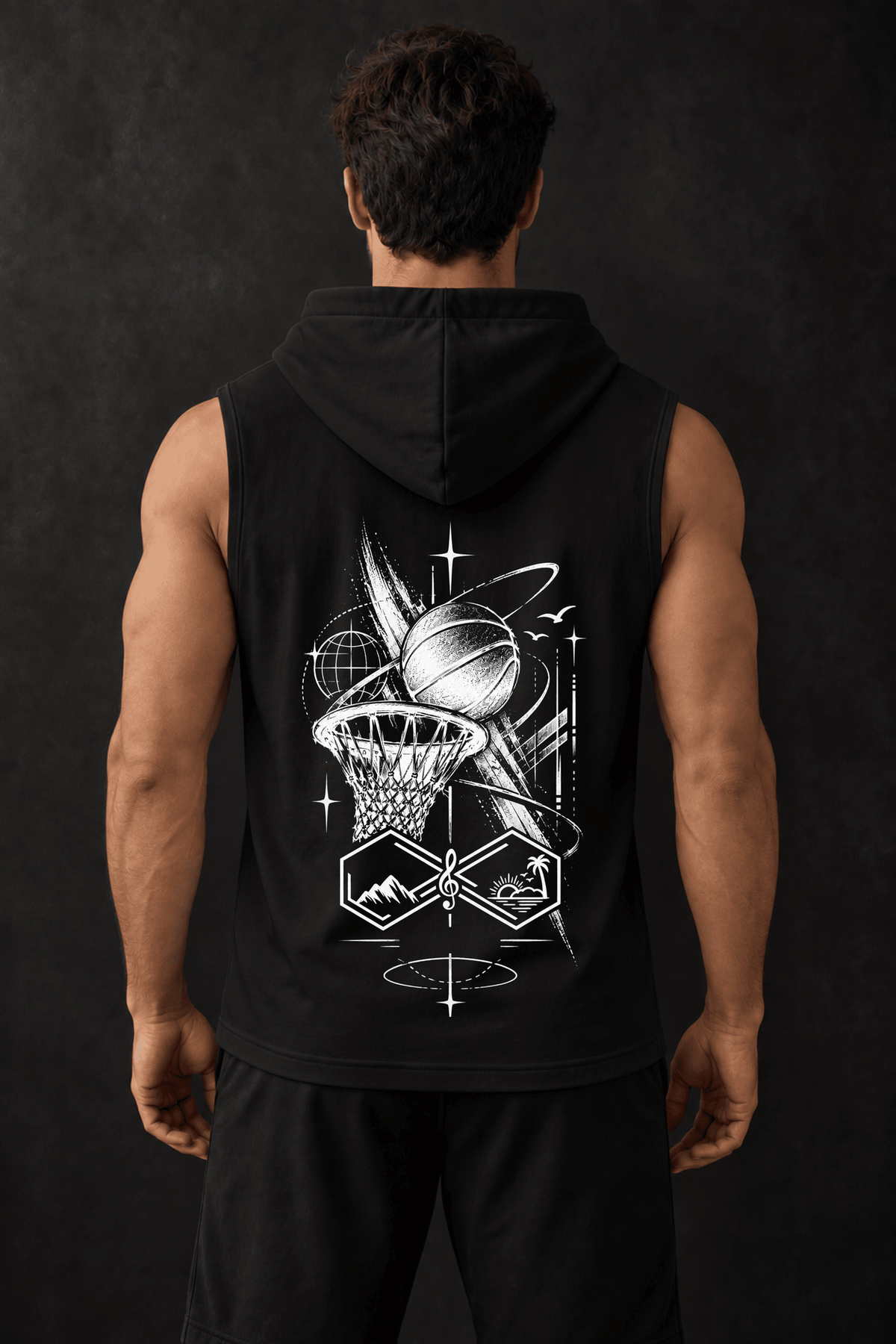 Where Gravity Ends Infinity Trip Basketball Sleeveless Hoodie Black Back View